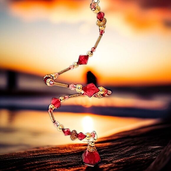 Beaded Memory Wire Ornament Spiral Dangle Twist Sparkly Christmas Red Gold Tone - Picture 14 of 16